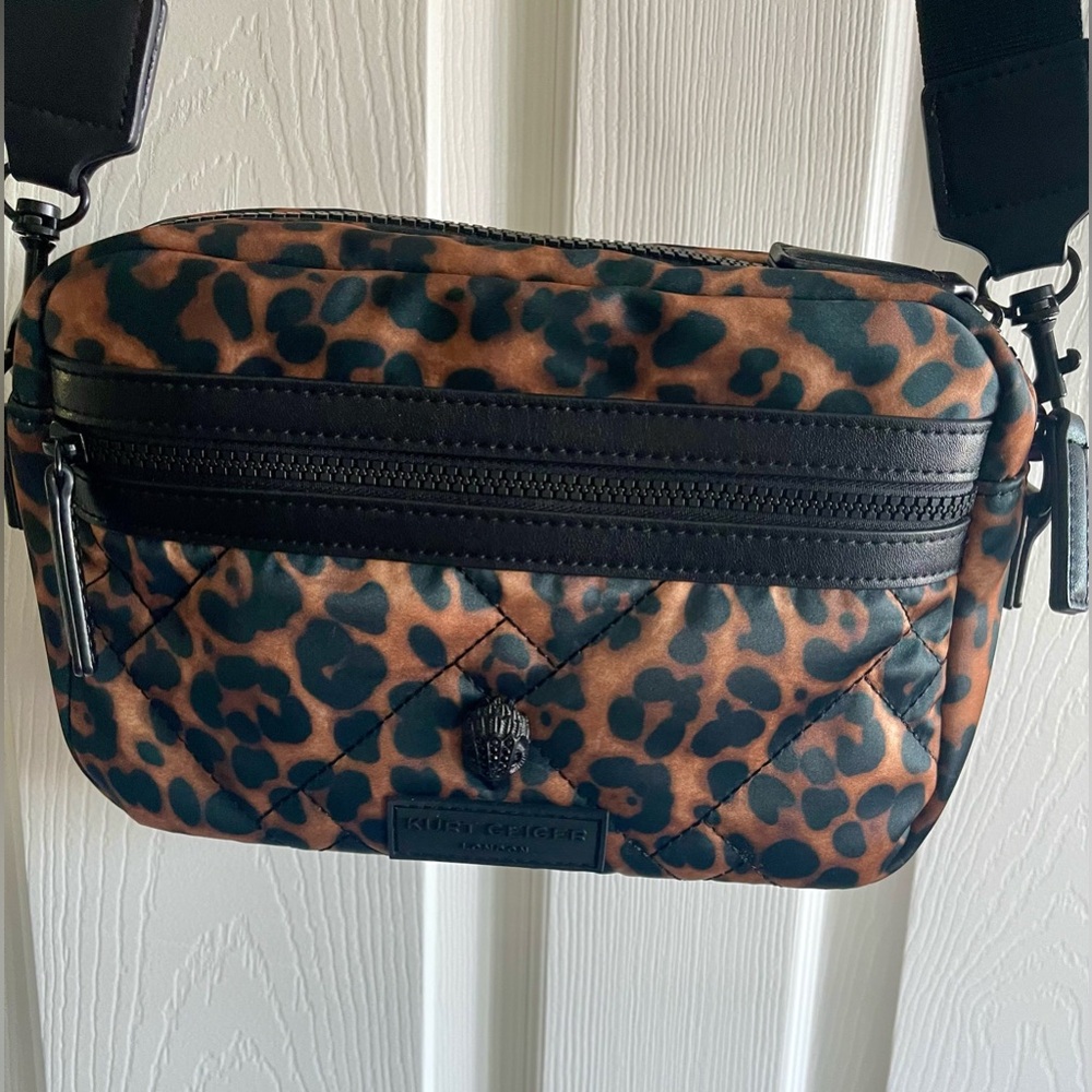 Kurt Geiger Camera Bag Crossbody Leopard Brown Quilted Nylon Shoulder Bag - Picture 8 of 8